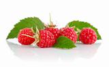 fresh raspberry fruits with green leaves