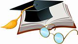 Graduation cap, book and glasses