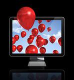 red balloons in a 3D tv screen