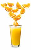 Oranges falling in the orange juice