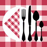 Menu design with cutlery silhouettes on red tablecloth