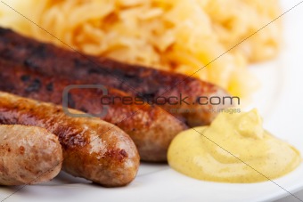 fried sausages,mustard and sauerkraut
