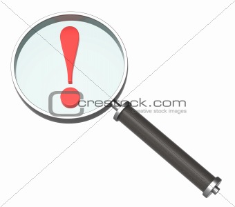 Magnifier with exclamation sign isolated on white