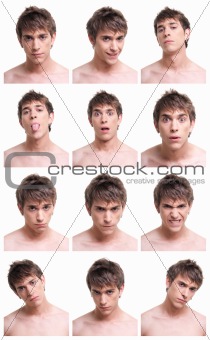 Young man face expressions composite isolated on white background