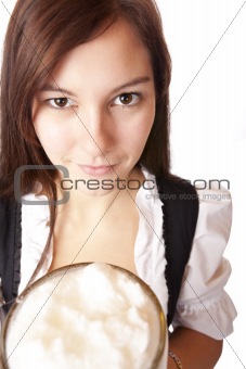 Closeup of a Beautiful woman holding Oktoberfest beer stein