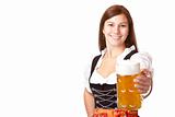 Happy Bavarian woman holding Oktoberfest beer stein (Mass)