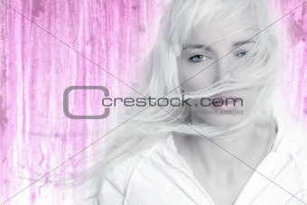 blonde girl wind long hair flying pink