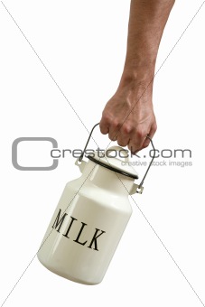 Milk pot urn in farmer hands isolated on white