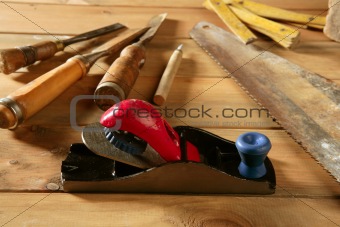 carpenter tools saw hammer wood tape plane gouge