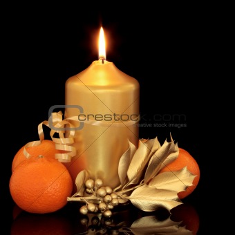 Christmas Candle, Holly and Fruit