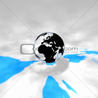 Glass Earth with shadow and blue mark of continent