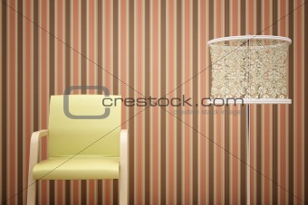 chair, lamp and striped wallpaper