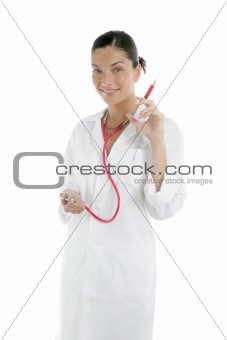 Beautiful woman doctor with red syringe