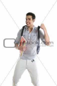 Happy student jump with college stuff in hand