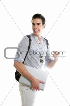 Happy student positive gesture with laptop