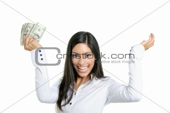 Beautiful success businesswoman holding Dollar notes