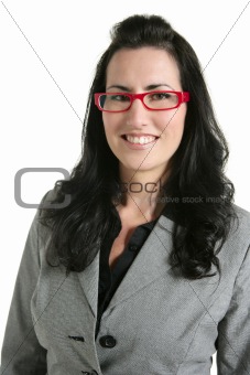 Businesswoman red glasses portrait gray suit