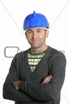 Blue hardhat foreman portrait in white
