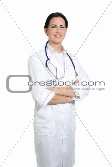 Brunette beautiful woman doctor isolated on white