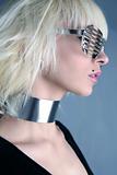 blonde fashion futuristic silver glasses girl  gray background