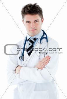 Serious male doctor with stethoscope looking at the camera