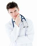 Thoughtful male doctor with stethoscope looking at the camera