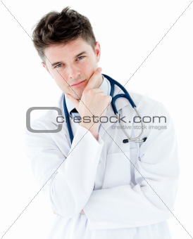 Thoughtful male doctor with stethoscope looking at the camera
