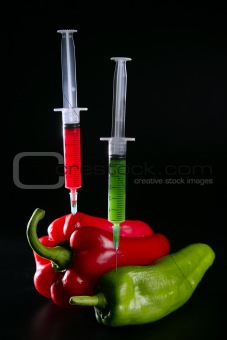 Injection with syringe to red and green peppers