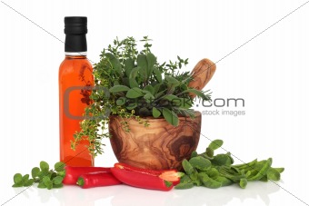Chillies, Oil and Herb Leaves