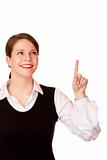 Happy smiling business woman pointing with finger up.