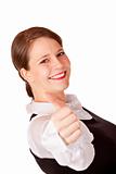 Casual young attractive businesswoman shows thumb up