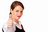 Casual young attractive businesswoman shows thumb up