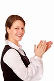 Attractive laughing businesswoman claps with hands