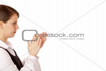 Young handesome business woman claps with hands