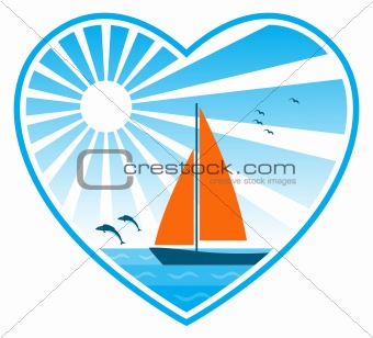 sea, sun and sailboat in heart