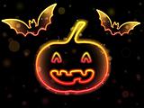 Halloween Neon Background with Pumpkin and Bats