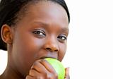 Sweet woman eating apple 