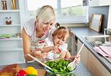 Attractive mother and child cooking