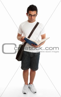 Standing student reading book studying