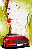 Green and red grunge background with red car. Vector