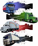 Four  grunge Banners with colored trucks. Vector illustration