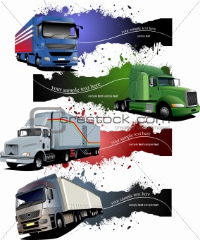 Four  grunge Banners with colored trucks. Vector illustration