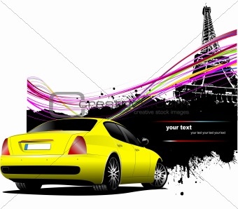 Yellow  car sedan with Paris image background. Vector illustrati