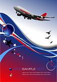 Aircraft poster with passenger airplane image. Vector illustrati