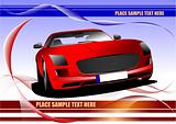 Abstract waved background with red car image. Colored vector fin