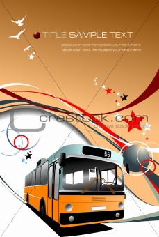 Cover for brochure with Old fashioned city bus. Tourist coach. V