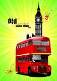 Poster  with old London red double Decker bus. Vector illustrati