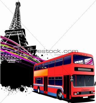 Red double bus with Paris image background. Vector illustration