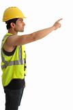 Construction worker or builder pointing finger