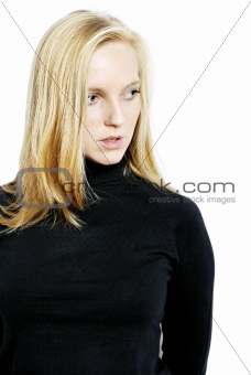 portrait of a young blonde woman in a black sweater